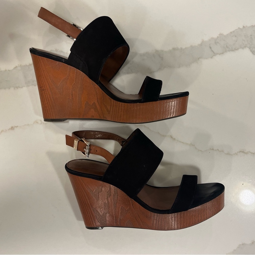 Vince Camuto Black and Brown Suede Wedge Sandals
